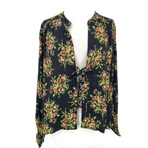 New Flynn Skye Get Away Blouse Womens M Blue Floral Lace Front Top Long Sleeve